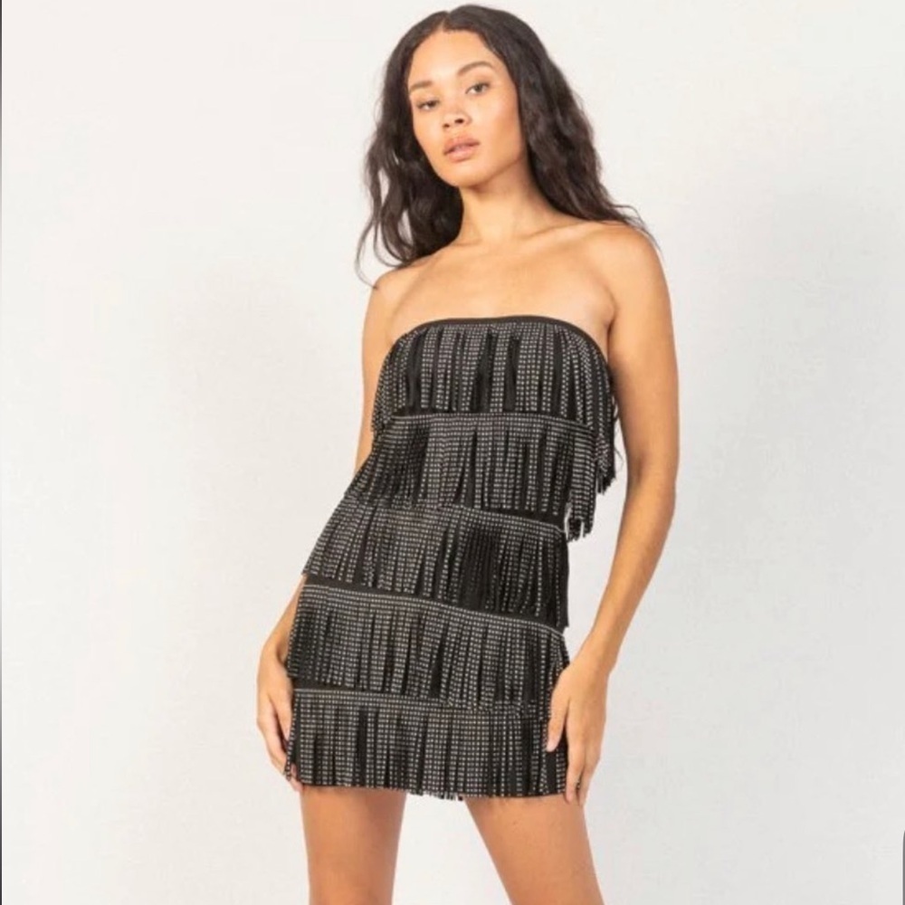 NWT Area Stars Black Fringe Strapless Dress